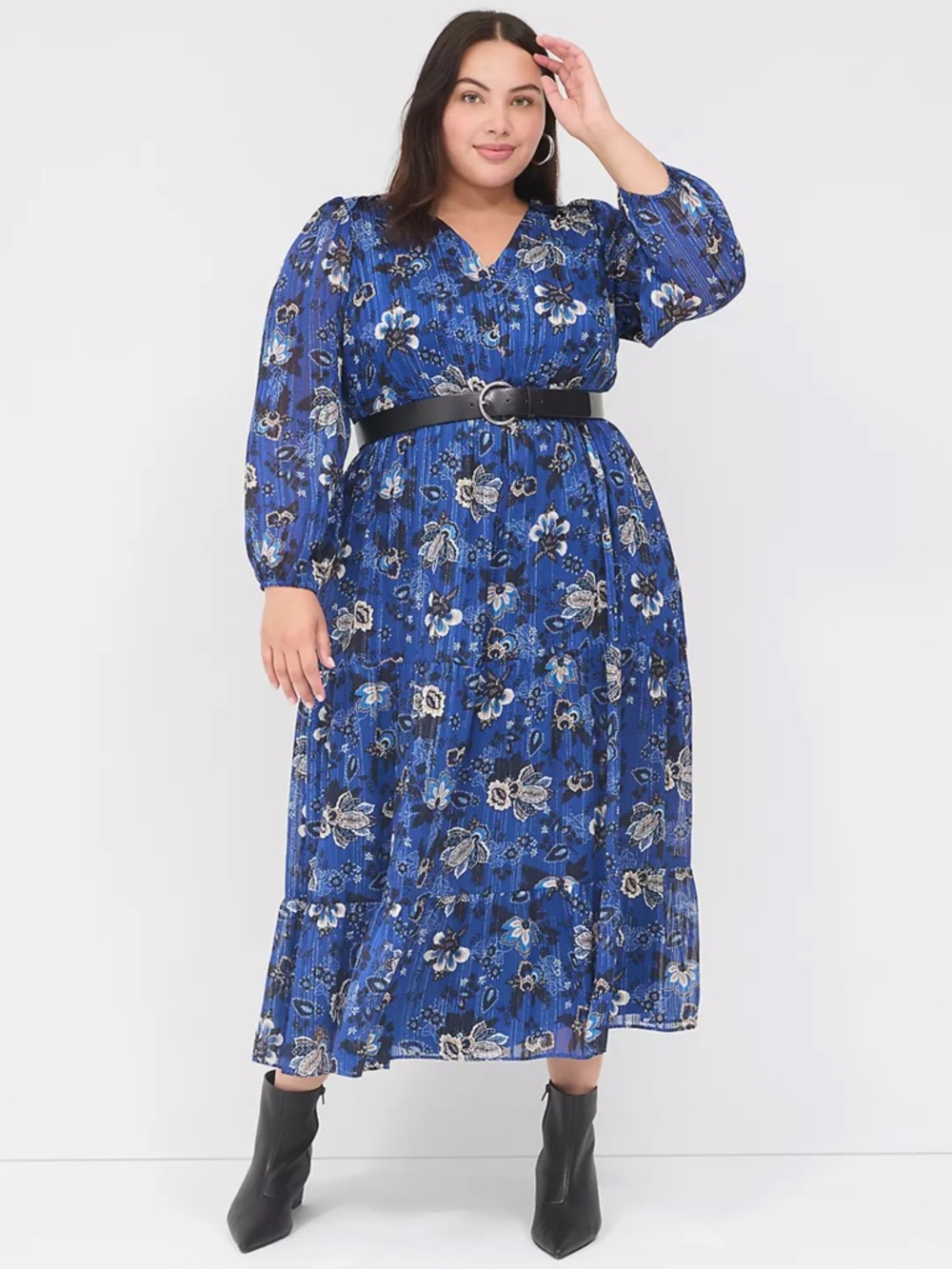 LANE BRYANT Chiffon Maxi Dress Tiered Floral Shimmery Long Sleeve V- Neck Lined